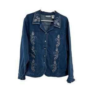 Blair vintage stretch denim studded 2X plus ruffle cuff gem buttons denim jacket